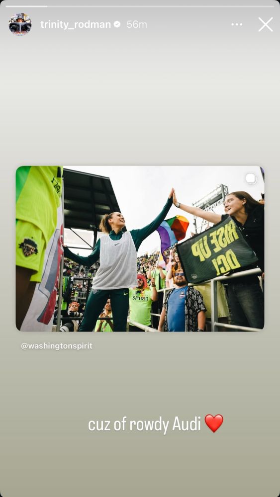screenshot of trinity rodman’s ig story:

photo of her in the spirit supporters section holding a flag and high giving a fan

caption: cuz of rowdy Audi ❤️