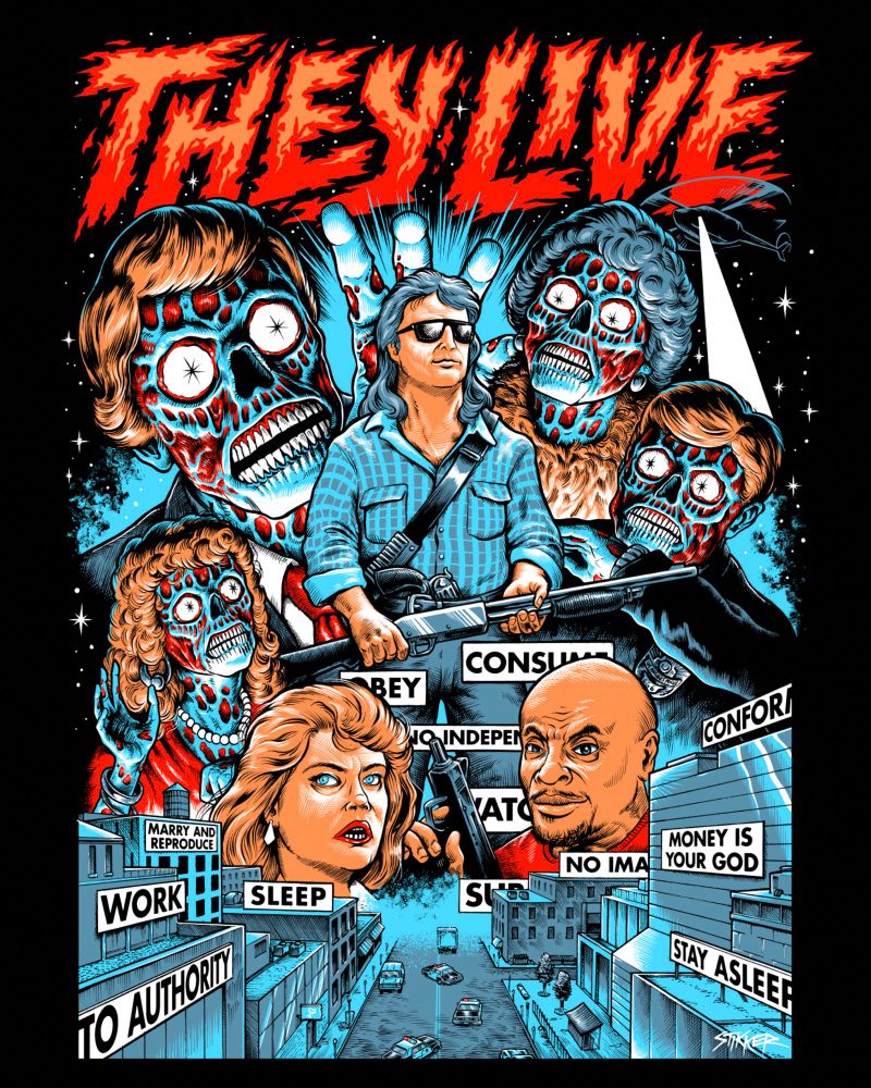 They Live shirt design of the cast surrounded by some real fuckin’ ugly characters