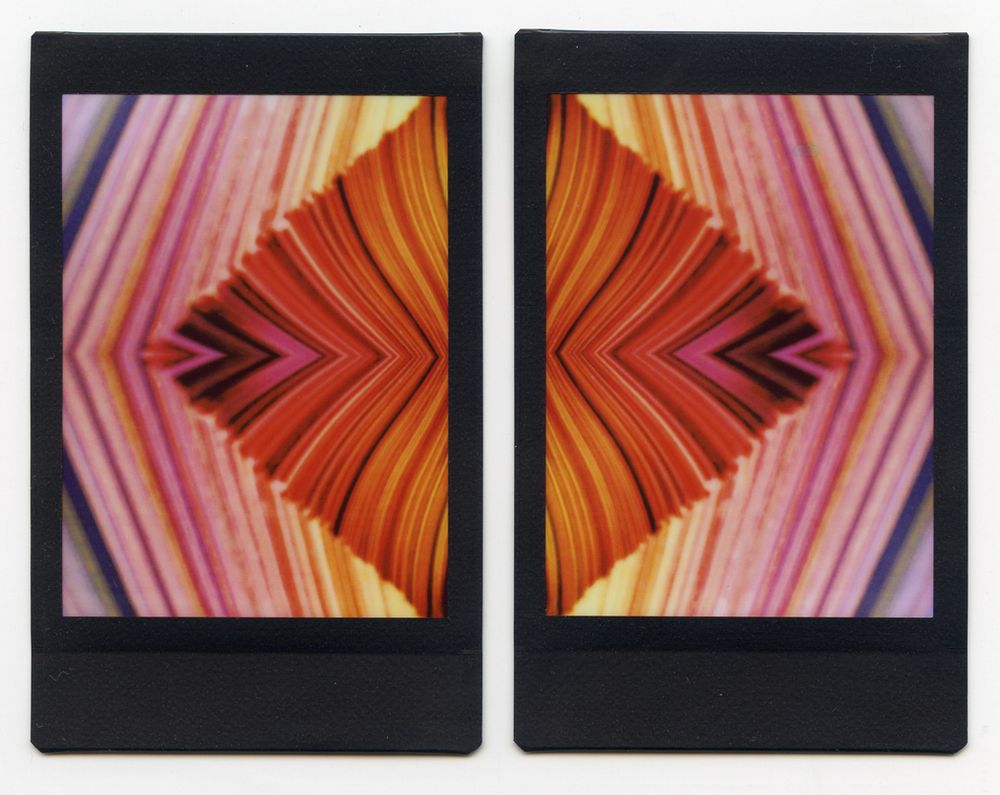 A pair of double-mirrored instant macro color photographs of sheets from a ChromaRama Rainbow Pack of 220 Color Papers, creating lines, shapes, and angles.