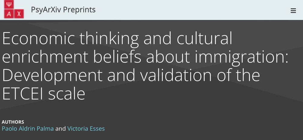 Screenshot of PsyArxiv paper title "Economic thinking and cultural enrichment beliefs about immigration: Development and validation of the ETCEI scale"