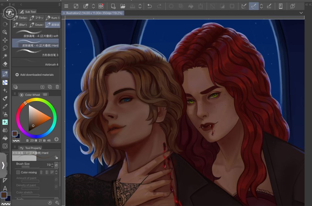 Screenshot of a digital painting on clip studio paint. The painting is of a red headed vampire smiling after have bitten her blonde haired companion 