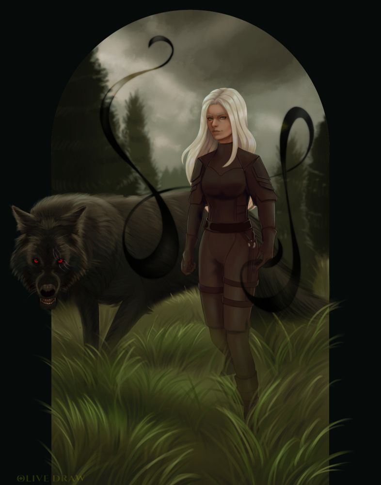 A woman with long white hair stalks in tall grass with her black wolf
