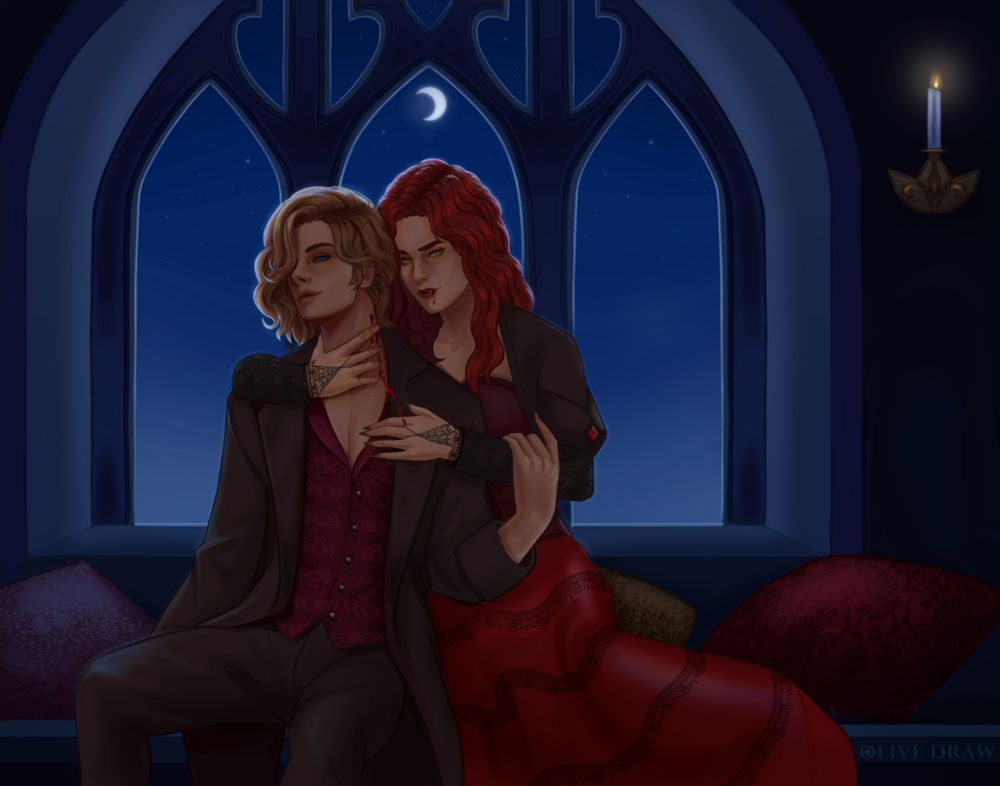A digital painting of 2 vampires sitting in the moonlit light. A vampire with red curly hair taking a bite of her blonde haired companion. Both dressed in Victoria era clothing.