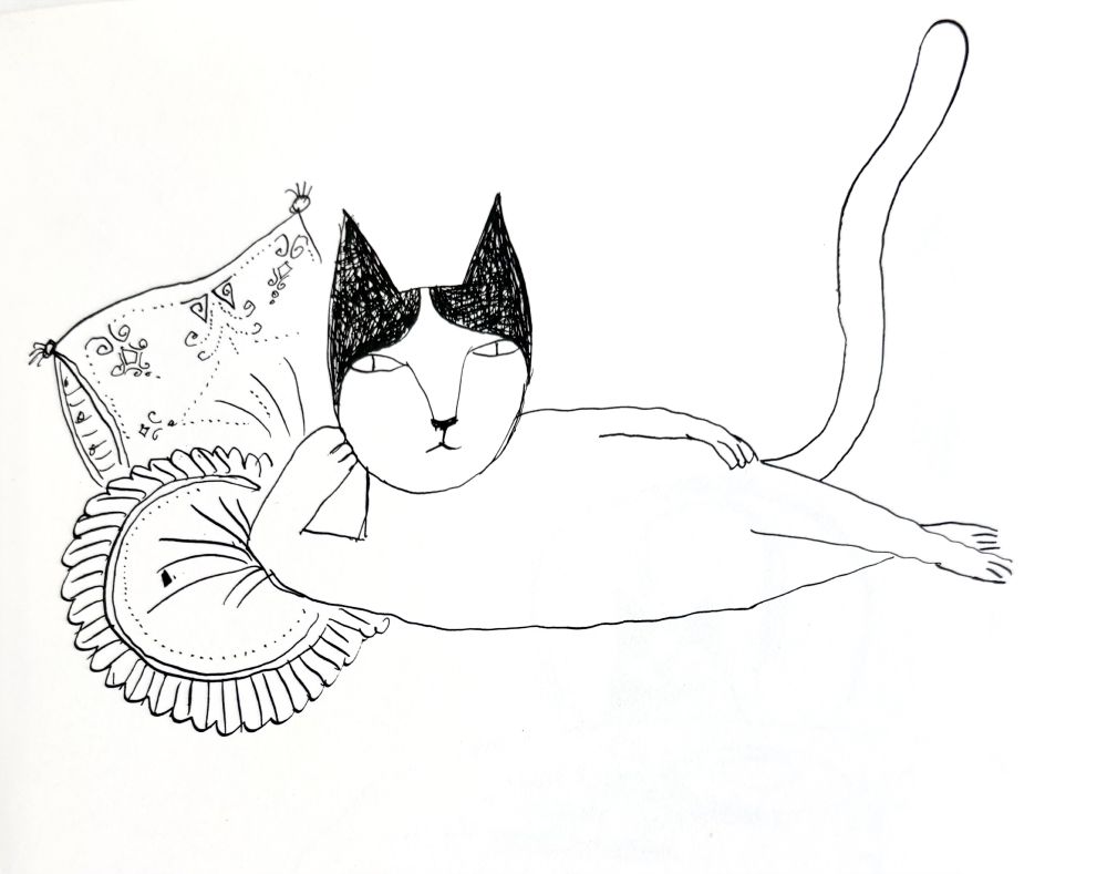 Drawing of a white cat with black ears, reclining in a  human-style pose, leaning on two throw pillows, with one paw raised to its cheek. 