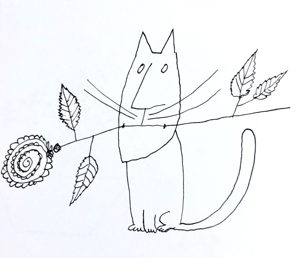 Fanciful line drawing of a sitting cat with a rose in its mouth. His face looks rather human.