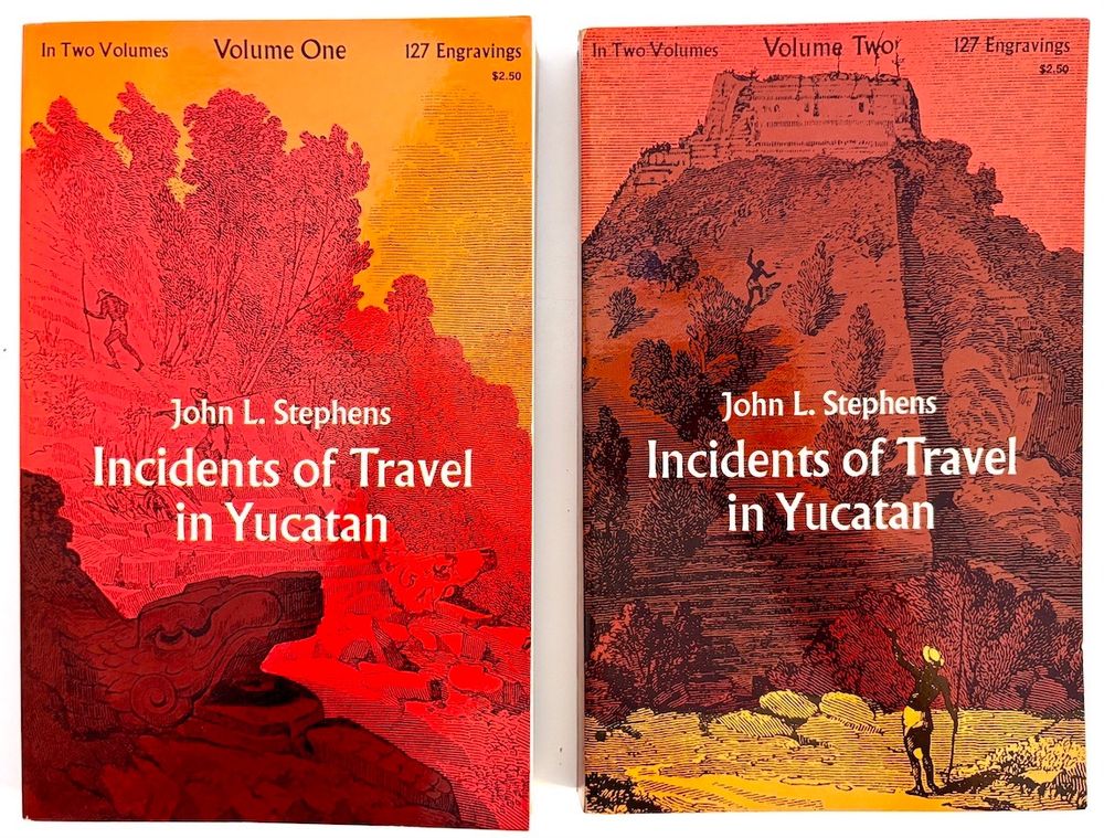 A two-volume set of softcover books entitled Incidents of Travel in Yucatan by John L. Stephens (Dover books, 1963). This title first appeared in 1843. Covers  are of old engravings of Mexico from the period, but deeply tinted in bright shades of yellow, orange and red. Titles are in white.