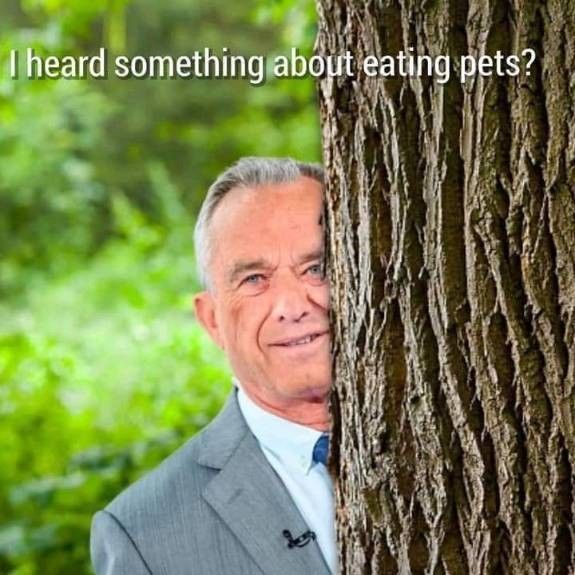 Image of a grinning RFK Jr. lurking behind a tree, with the caption "I heard something about eating pets?"
