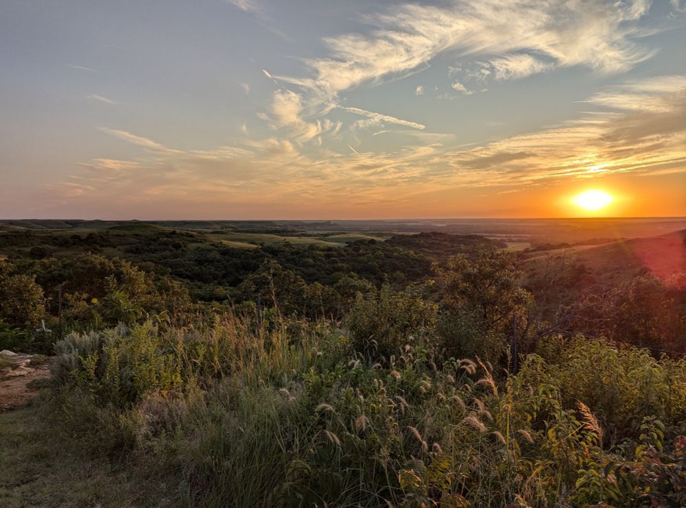 Photo near sunset at the Flint Hills Scenic Overlook, Hwy 177, near Manhattan KS. Lush scrub brush and other plants in a rolling hilly expanse, sun low in the sky, deep orange, with light clouds and blue sky.