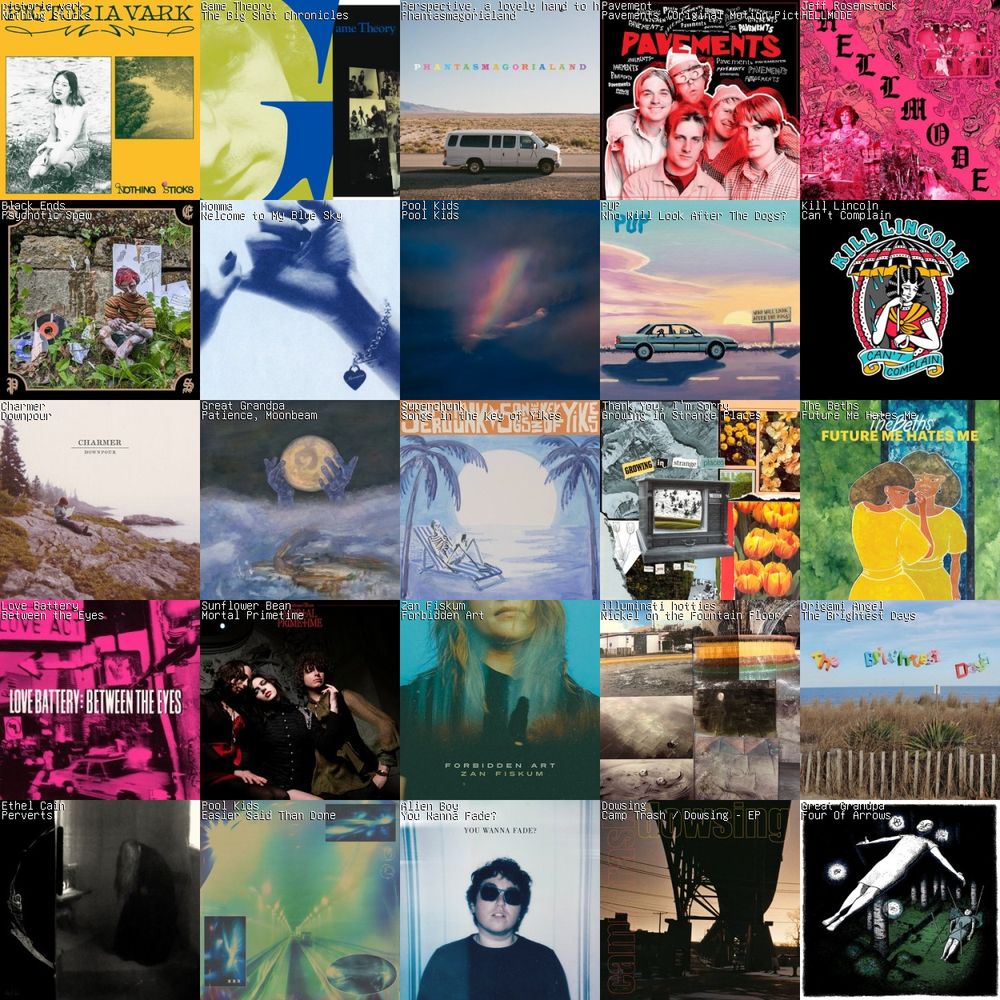 5x5 of my to 25 streams this week: Pictoria Vark-Nothing Sticks; Game Theory-The Big Shot Chronicles;  Perspective, A Lovely Hand To Hold-Phantasmagorialand; Pavement-Pavements (Original Motion Picture Soundtrack); Jeff Rosenstock-Hellmode; Black Ends-Psychotic Spew; Momma-Welcome To My Blue Sky; Pool Kids-Pool Kids; Pup-Who Will Look After The Dogs?; Kill Lincoln-Can't Complain; Charmer-Downpour; Great Grandpa-Patience, Moonbeam; Superchunk-Songs In the Key of Yikes; Thank You, I'm Sorry-Growing in Strange Places; The Beths-Future Me Hates Me; Love Battery-Between The Eyes; Sunflower Bean-Mortal Primtetime; Zan Fiskum-Forbidden Art; illuminati hotties-Nickel on the Fountain Floor; Origami Angel-The Brightest Days; Ethel Cain-Perverts; Pool Kids-Easier Said Than Done (single); Alien Boy-You Wanna Fade?; Dowsing/Camp Trash split EP; Great Grandpa-Four of Arrows