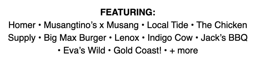 A screenshot of the Bumbershoot email listing food offerings as "Featuring: Homer, Musangtino's x Musang, Local Tide, The Chicken Supply, Bix Max Burger, Lenox, Indigo Cow, Jack's BBQ, Eva's Wild, Gold Coast!, & more."