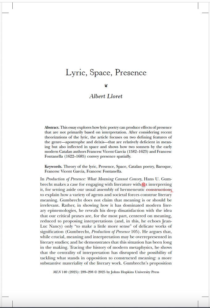 Proofs of forthcoming MLN article "Lyric, Space, Presence" by Albert Lloret.
