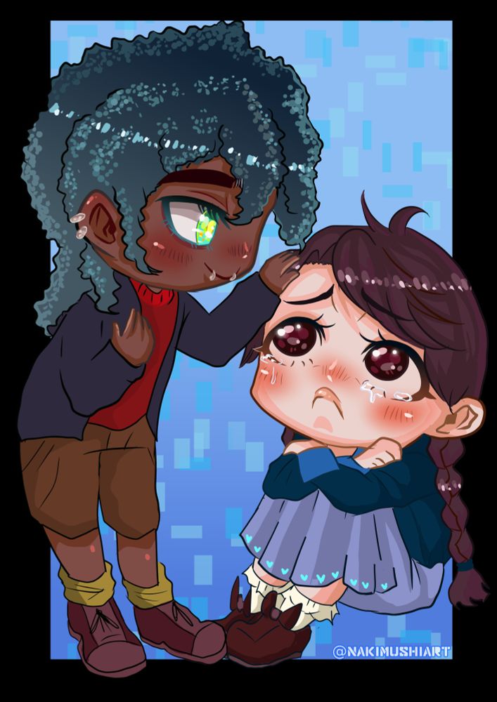 A girl is sitting on the floor pouting with tears in her eyes. She wears a blue blouse, a light grey skirt with baby blue hearts and white socks and brown shoes. her hair is brown and braided into two pig tails and her eyes are brown. A boy stands in front of her, caressing her head. He is brown, has light green eyes, turquoise green afro hair that fall into his face and down his back and wears a black jacket, a red shirt, brown shorts and yellow socks with wine red sneakers. The background is a big light to darker pale blue fading square