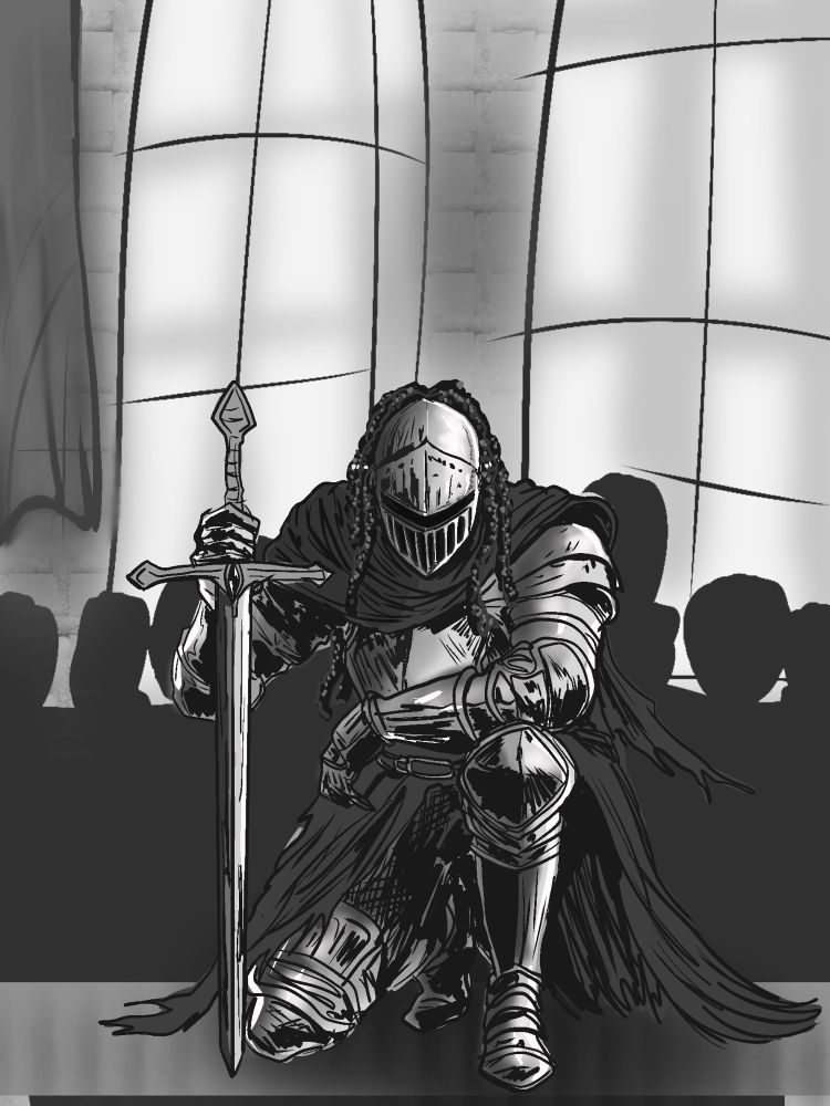 A black knight (literally black not the armor) with a long black cape holding onto his sword, kneeling.