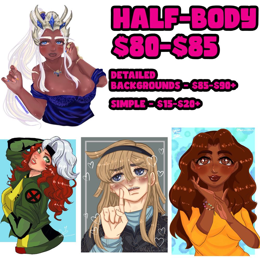 A commission sheet page with my commission rules and prices, Half-body prices: $80-$85, Background Detailed: $85-$90+, Simple: $15-$20