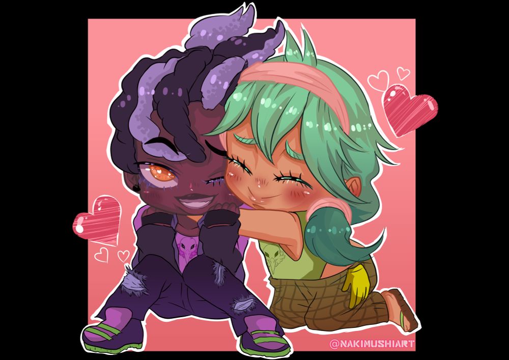 A boy and a girl sitting on the floor and hugging. They are named Cam and Mai. Cam has dark skin, yellow eyes, pale violet and dark brown dreads and wears a black jacket, black gloves, purple pants and green, black and purple shoes. He is grinning. The girl hugging him has tan skin, green hair in a side tail, a green crop top and brown, greenish plated cargo pants, she's wearing sandals and a pale pink hair tie. They are in front of a pink, square background with red pink hearts floating around.