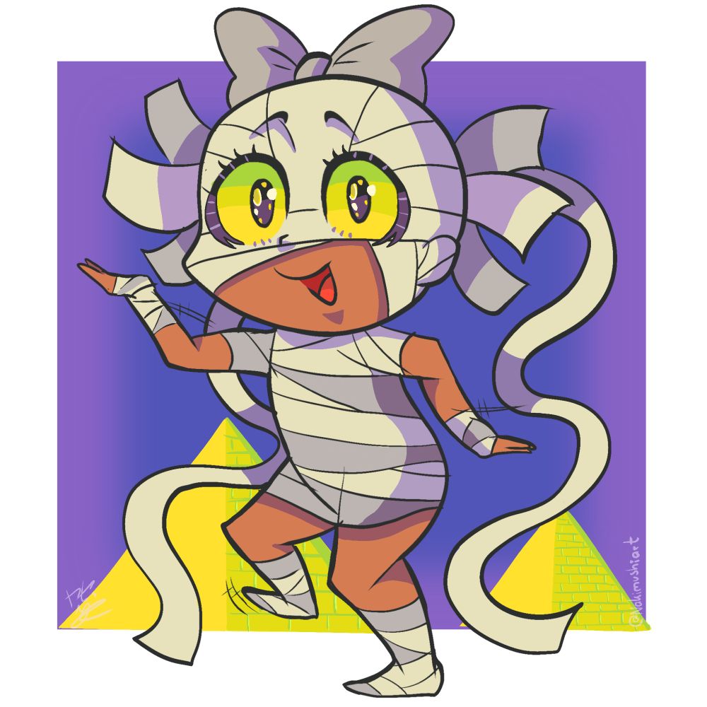 A cute little mummy girl doing a cartoony “walk like an Egptian” dance in front of two pyramids and a blue and violet background. Her bandages are champagne white and grey coloured, her eyes are yellow and she has big black and purple shiny irises and a big bandage now on her head smiling at the viewer