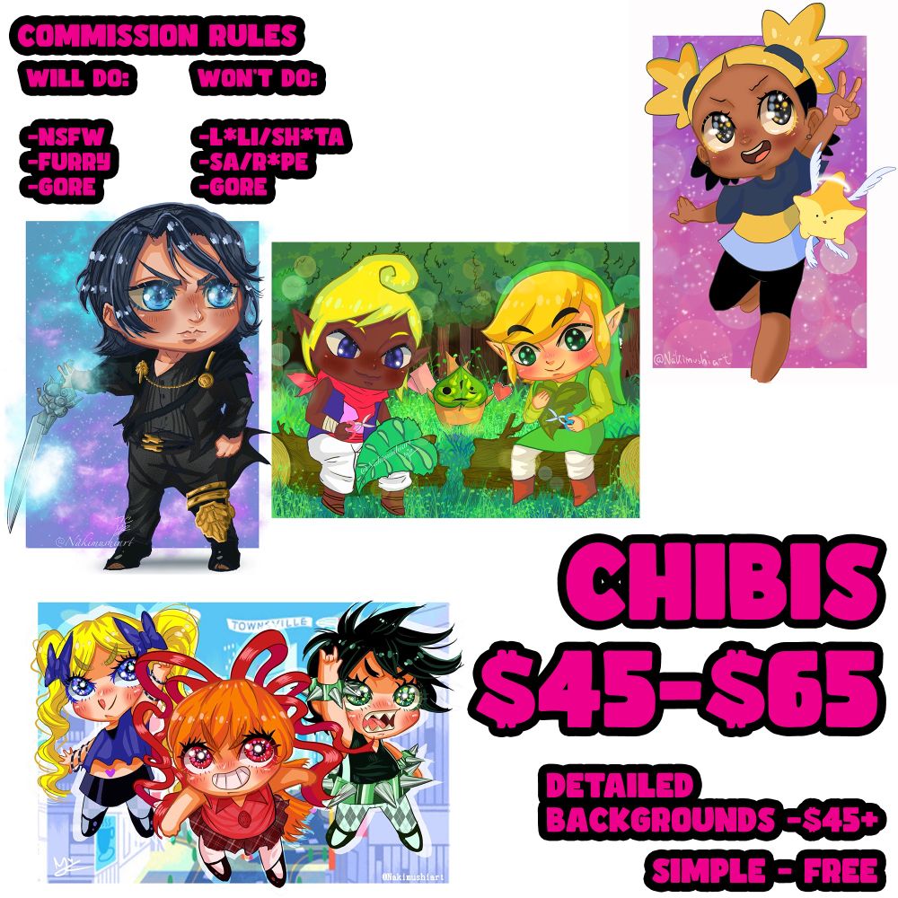 A commission sheet page with my commission rules and prices, chibi prices: $45-$65, Background Detailed: $45+, Simple: Free. Will do: NSFW, Furries, gore Won’t do: Loli/Shota, SA/R*pe