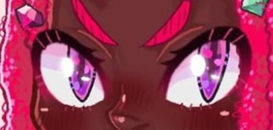 Two big purple sparkling eyes with violet glimmers with black and cherry red colored eyelashes on dark skin; surrounded by cherry red locs.
