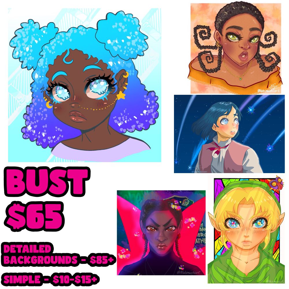 A commission sheet page 3 with my commission rules and prices, Bust prices: $65, Background Detailed: $85, Simple: $10-$15