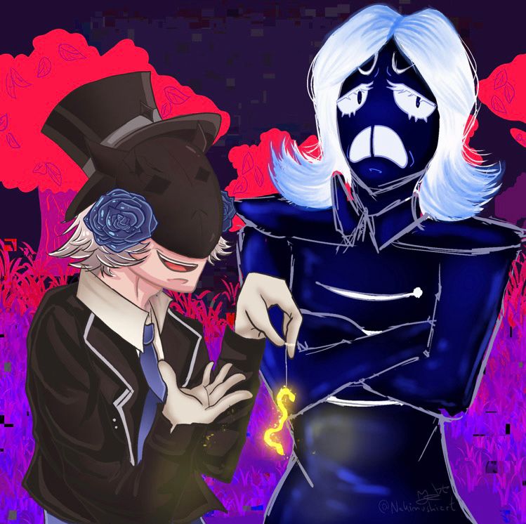 A young male appearing person in a cracked black mask with horns, a black top hat, blue roses to the side of the mask, a matching black blazer and a matching blue vest and tie underneath wearing white gloves, is laughing and holding a golden; glittering worm on a string showing it off. Next to them is Deltarune’s Rouxls Kaard, a knave with shoulder long, upwards going white hair, dark blue skin as well as a dark blue uniform, big white eyes and eyelashes matching his hair, dark blue, small irises and white teeth with a tooth gap. He has his arms crossed and is not amused by the golden worm, carrying an annoyed expression. They’re standing in a purple forest with red trees.