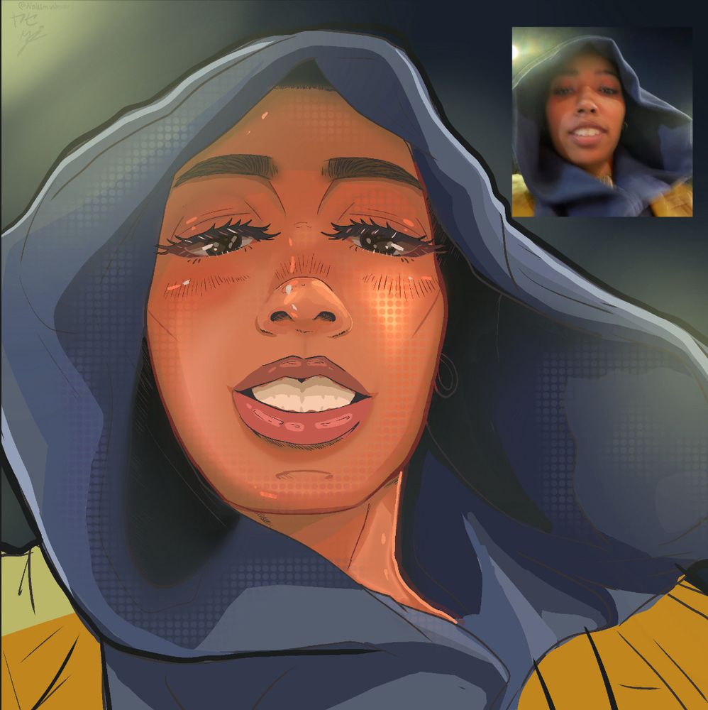 Drawing of a portrait I made with the little reference photo in the right upper corner. A Black woman with brown skin in a yellow jacket and dark blue hoodie looking down at her phone camera. Her upper lip is darker than her lower lip and her lips are mauve colored. She has brown eyes and red and brown and dark make up around her big eyes and dark brown irises and eyebrows. Her hair is hidden under her blue hoodie which is pulled over her head.
