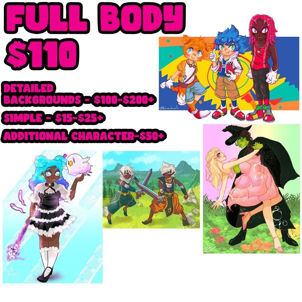 A commission sheet page with my commission rules and prices, Full Body prices: $110, Background Detailed: $100-$200+, Simple: $15-$25, Additional character: $50+, Replicate any
Art Style: $25