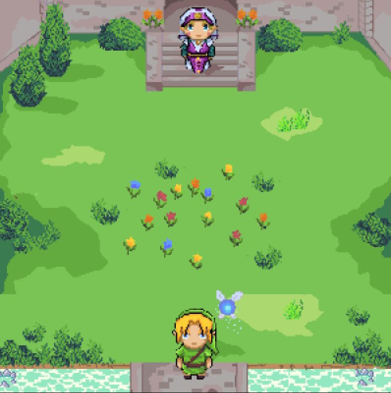 Pixel sprites of child Link and Zelda from OOT in the Hyrule castle garden bidding each other farewell as Link goes on his journey. The whole scene is a recreation of said scene in the N64 version of Ocarina of Time but in 2D pixel art drawn by me