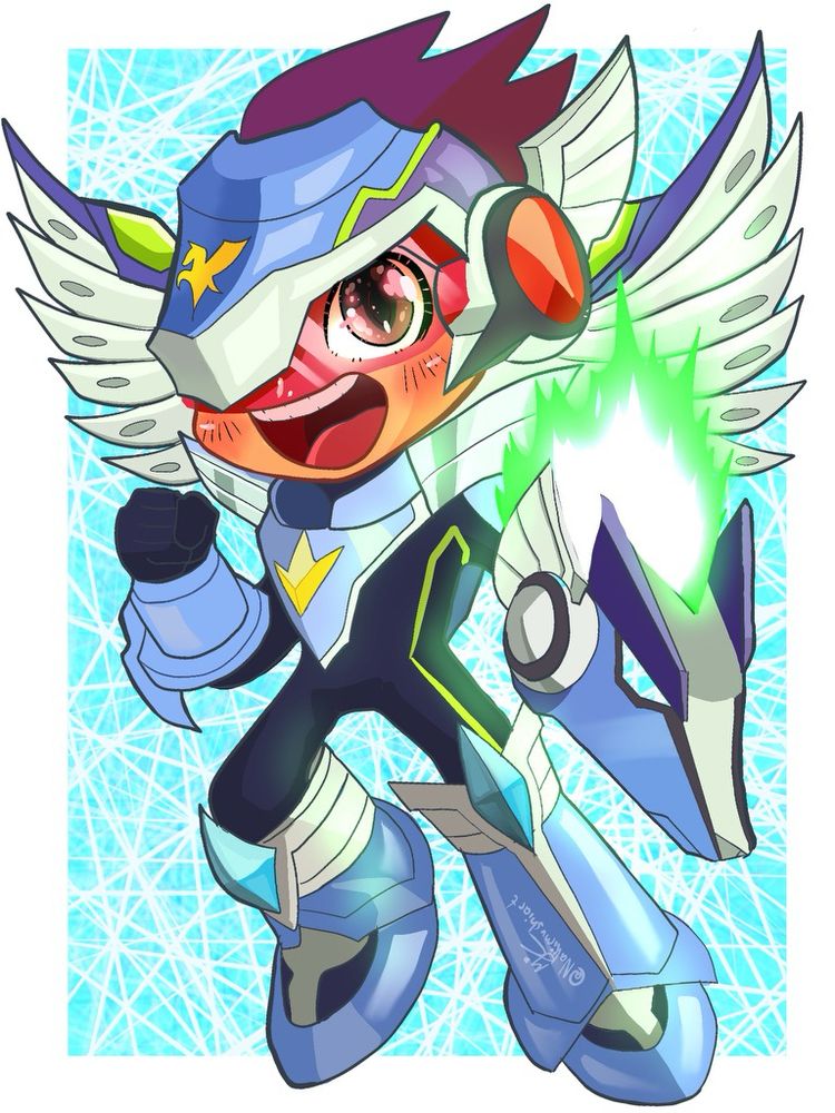A chibi commission of Ice Pegasus from the Megaman series. He’s got a blue and silver  helmet with a yellow pegasus crest on top of it and mechanical blue and silver wings and a black suit underneath all the mecha suit parts Darker blue boots and a chest armor and a green fire emitting canon head for his left hand that is also shaped like the head of a pegasus. His one brown eye is visible and covered by a red eye shield from his helmet.