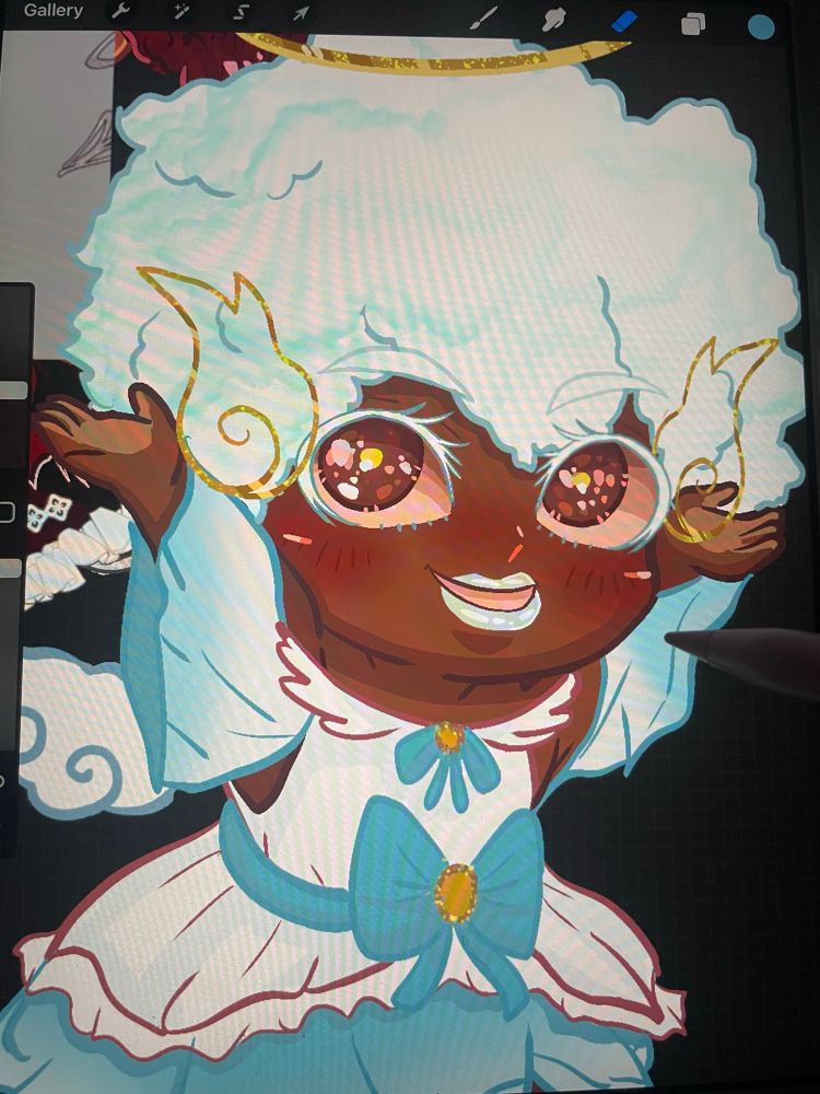 A black chibi with dark skin, a full white afro, a white and sky blue cocktail dress. with matching detached sleeves. They’re doing a pose raising their hands and smiling. They have white eyelashes and lipstick. Brown eyes and a dark red blush. Also has white tint wings and wing-shaped golden ornaments decorating the afro and a golden halo matching the ornaments 