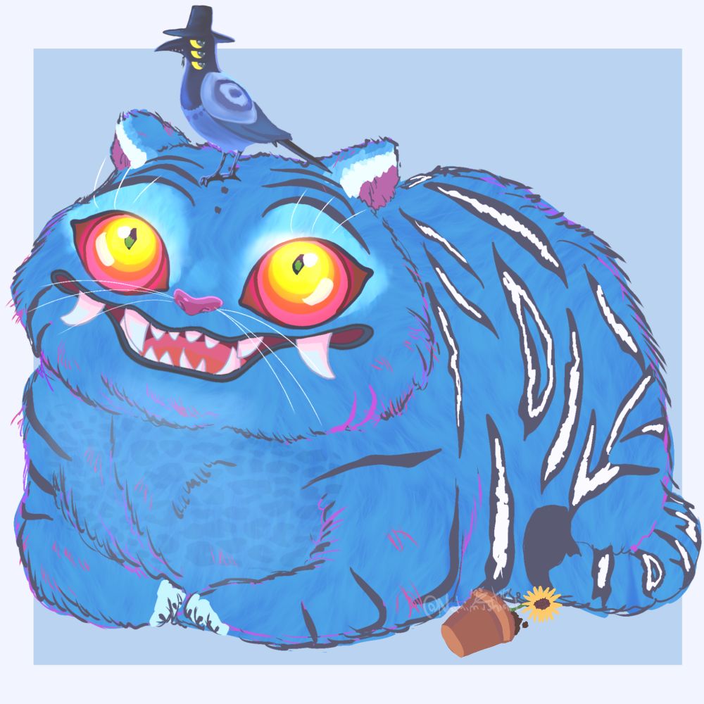 Light blue Korean tiger with big glowing eyes smiling at little demon bird with top hat on his he’s with a fallen over flower pot next to it. 