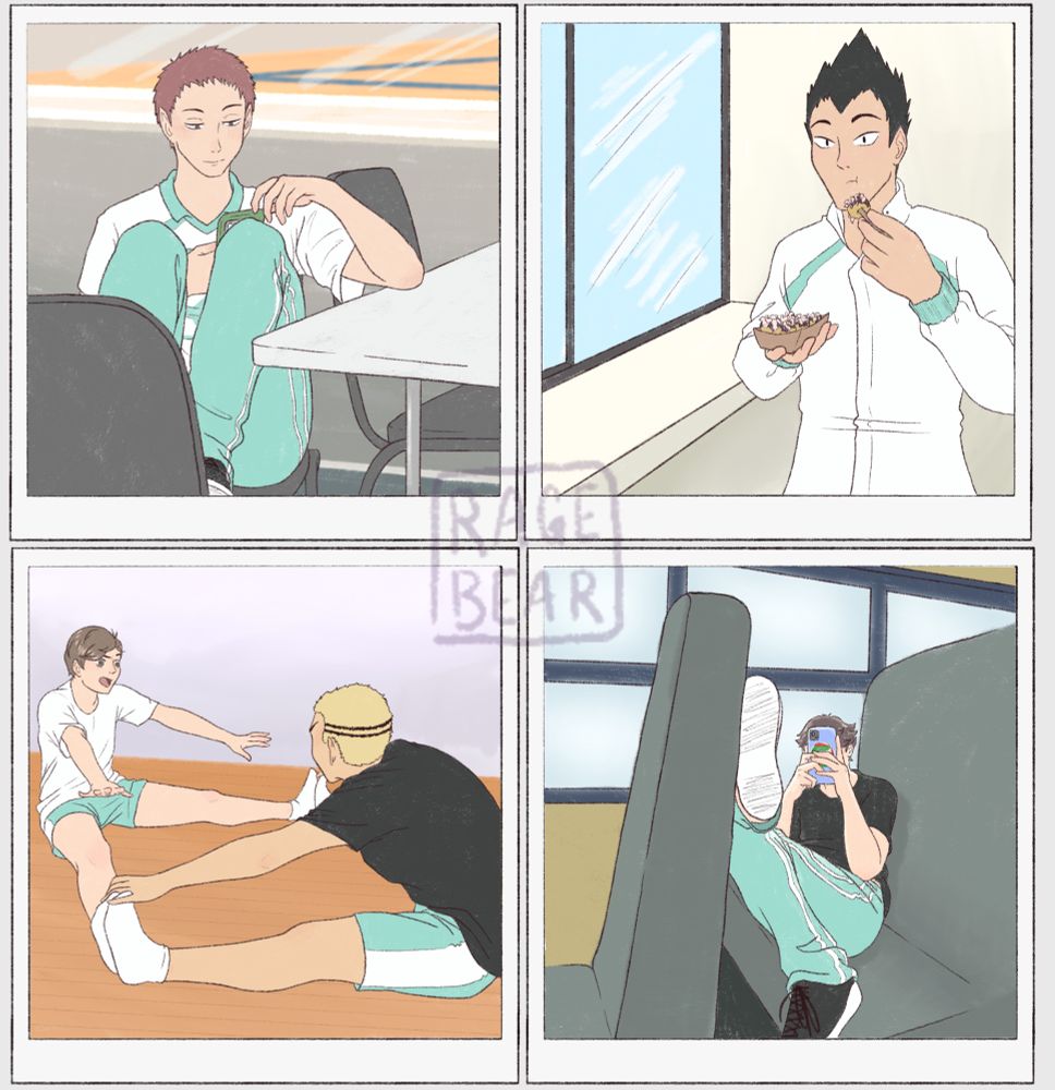 Four images styled like candid photos of the Aoba Johsai team from Haikyuu. Hanamaki sitting in a chair with his feet up on another chair, looking at his phone. Kindaichi caught by surprise while eating takoyaki. Yahaba and Kyotani straddle-stretching on the floor together and talking. Oikawa slouched in a bus seat with his legs propped on the seat in front of him, his face obscured by his phone.