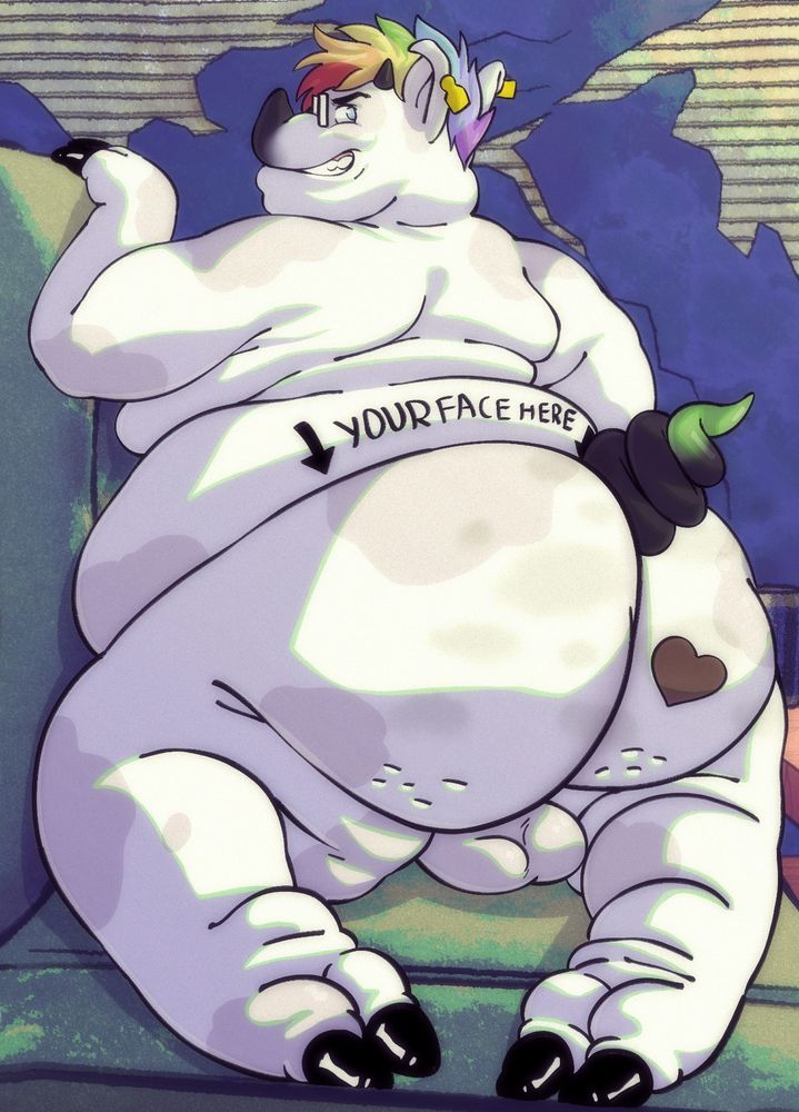 white pig with rainbow hair is on their knees on a green couch, looking back at the viewer and showing off their butt 