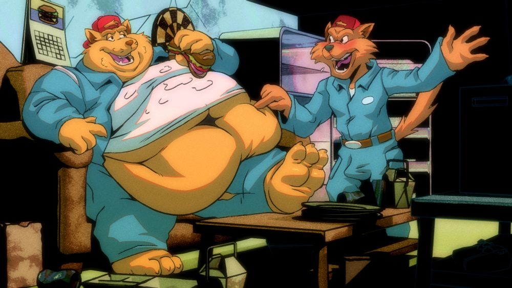 The scene depicts T-bone and Razor, the main characters of the tv show Swat Kats, in their living room. Razor is angerly pointing his finger into T-Bone large belly. T-Bone is sitting the couch, foot propped up on a coffe table and a sandwich in his hand. 