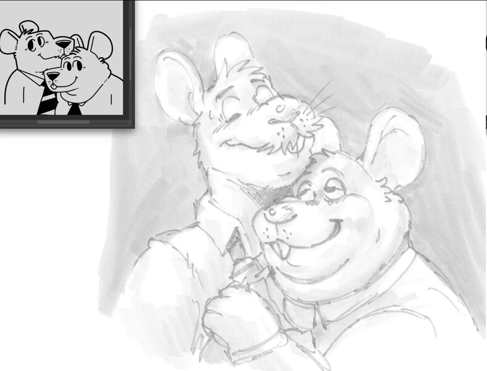 a bust drawing of 2 rat characters, a short fat one and a tall chubby one, with the fat rat character grasping the tie of the tall chubby rat character. the fat rat character has a half lidded pleased expression. The tall chubby rat character has a wide eyed excited expression. The drawing is rendered in light grayscale. 
