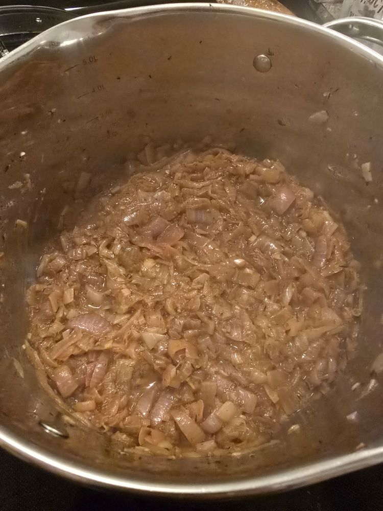 Caramelized onions, shallot and garlic in a stock pot. 