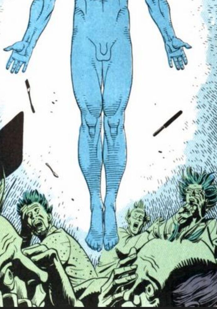 In this cropped image, bystanders appear to be shocked and horrified(?) by Dr. Manhattan's exposed genitals