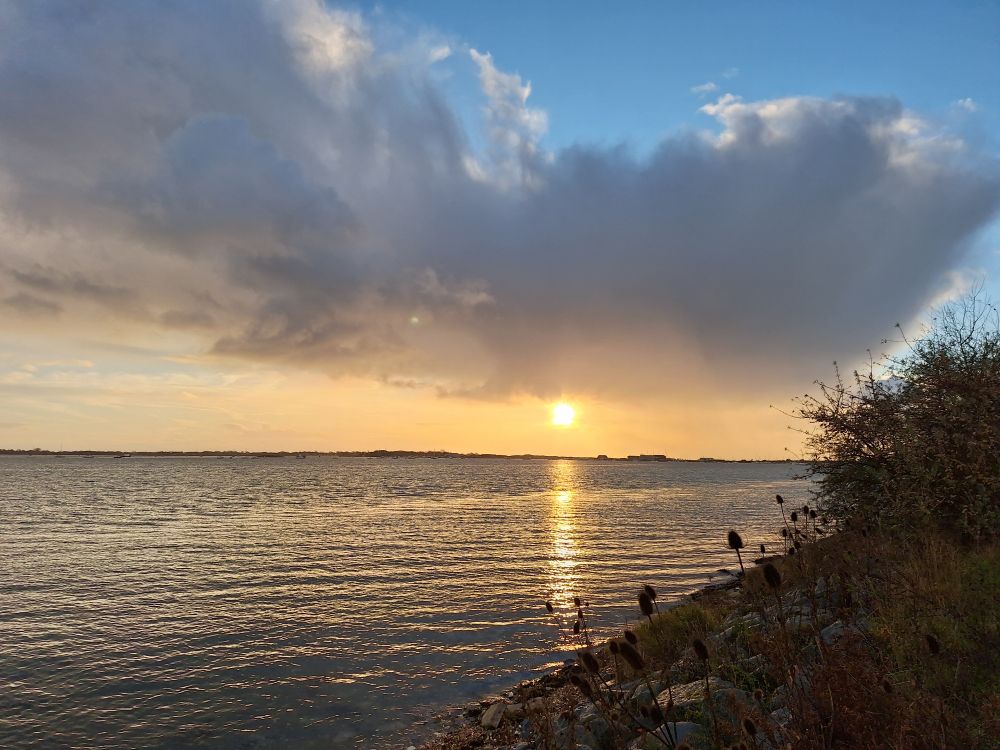 Image shows Langstone harbour at high tide under a partly cloudy sky. The sun is just above the horizon and reflecting on the sea 