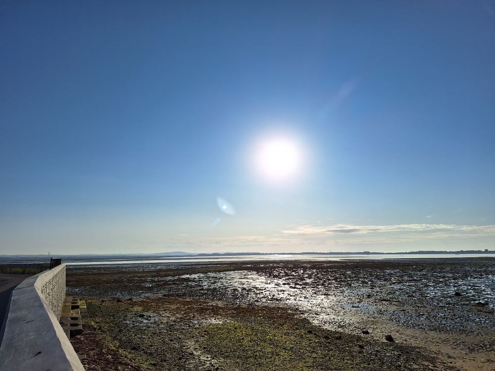 Image shows Langstone harbour at low tide under a clear, sunny sky. The new sea wall runs along the left hand side of the frame 