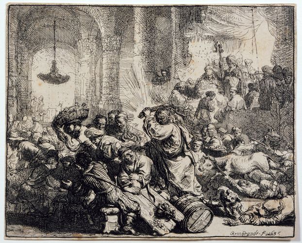 "Christ Driving the Moneychangers from the Temple" by Rembrandt portrays the dynamic scene of Jesus expelling the merchants, capturing a moment of divine indignation amidst a bustling crowd. Rembrandt's mastery of etching is evident in the detailed expressions and dramatic use of light and shadow.