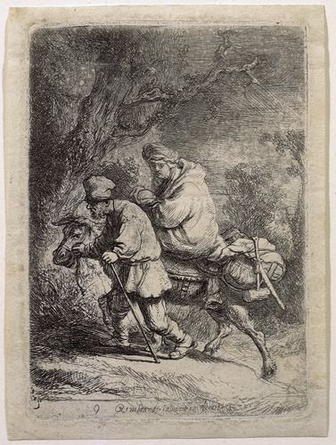 "The Flight into Egypt" by Rembrandt is an etching that captures the biblical scene of Mary, Joseph, and Jesus fleeing to Egypt, portrayed with a poignant emphasis on light and shadow. Rembrandt's expressive detailing brings emotional depth to the figures, highlighting the journey's urgent yet serene nature.