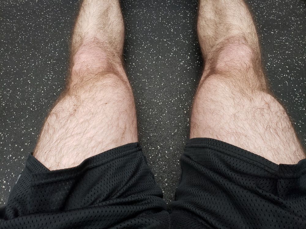 My flexed quads. I am seated in black gym shorts. Only my legs are visible.