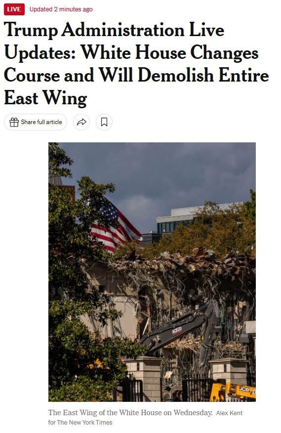 
A photo of the demolition of the East Wing of the White House 
