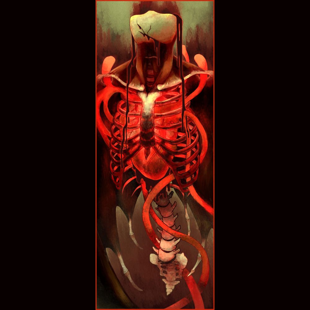 An illustration showing a flayed figure with a glowing heart. It's arteries are intertwined with its exposed ribcage, illuminating it in a red light.