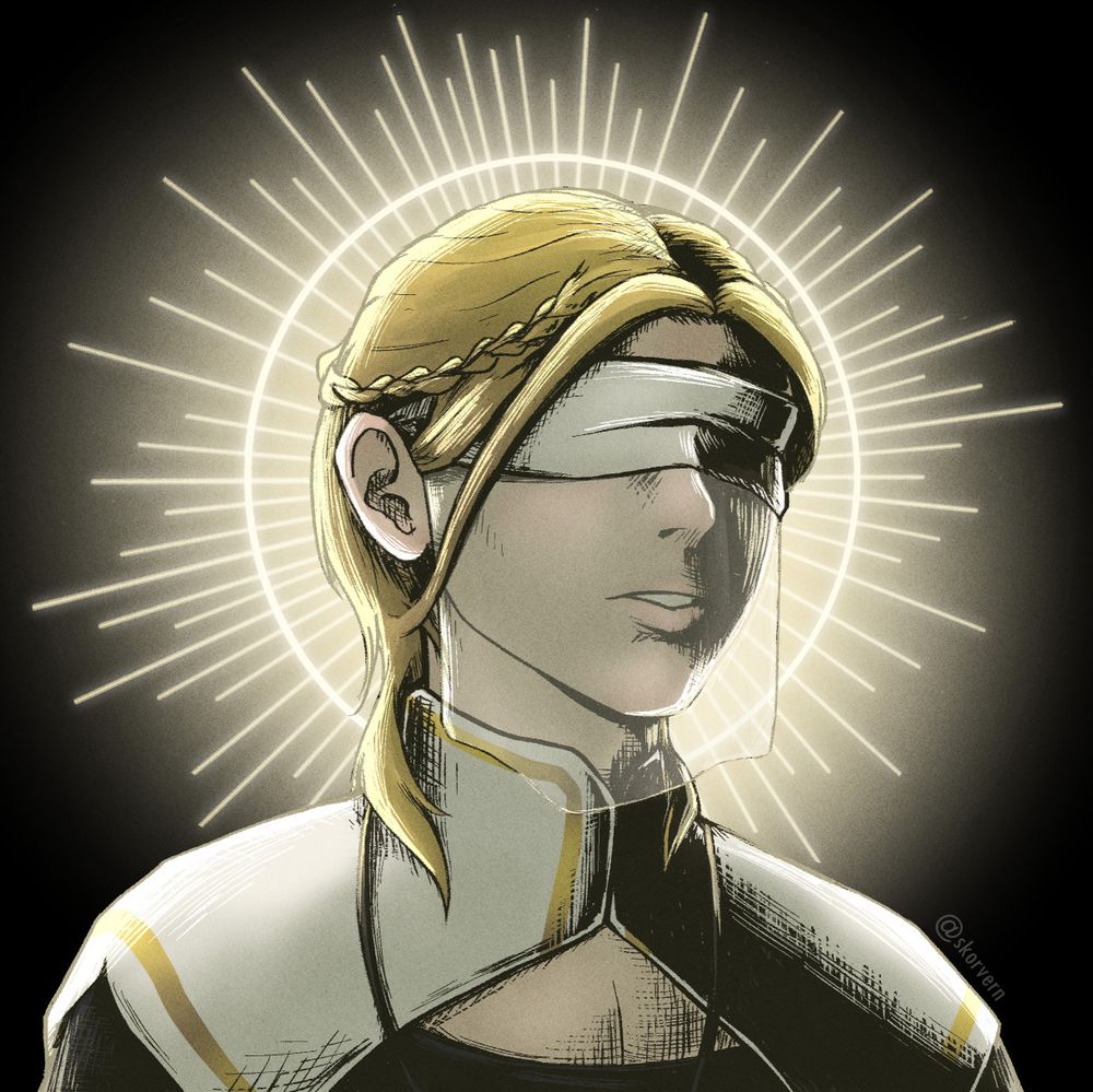 An illustration of a DnD monk wearing a blindfold and veil. He also has a glowing halo behind him.