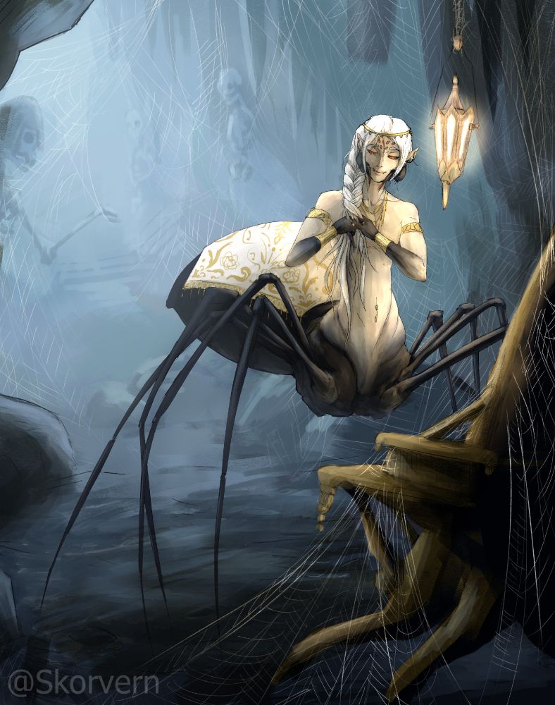 An illustration of a Drider braiding his hair in a dimly lit cave covered in webs.
