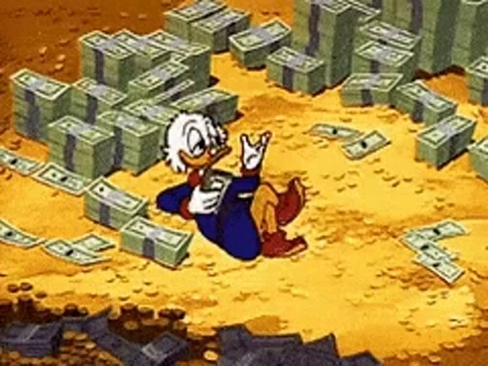 a cartoon character is laying on a pile of money