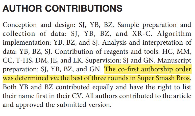 Author contribution snippet reading, "The co-first authorship order was determined via the best of three rounds in Super Smas Bros. Both YB and BZ contributed equally and have the right to list their name first in their CV."