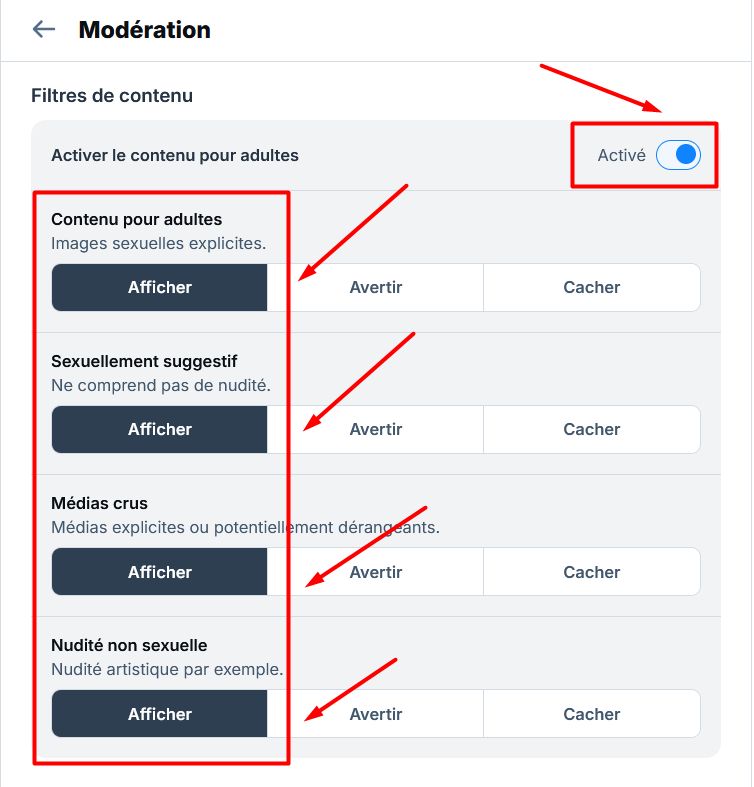 capture d'écran Bluesky des paramètres de modération du contenu pour adultes