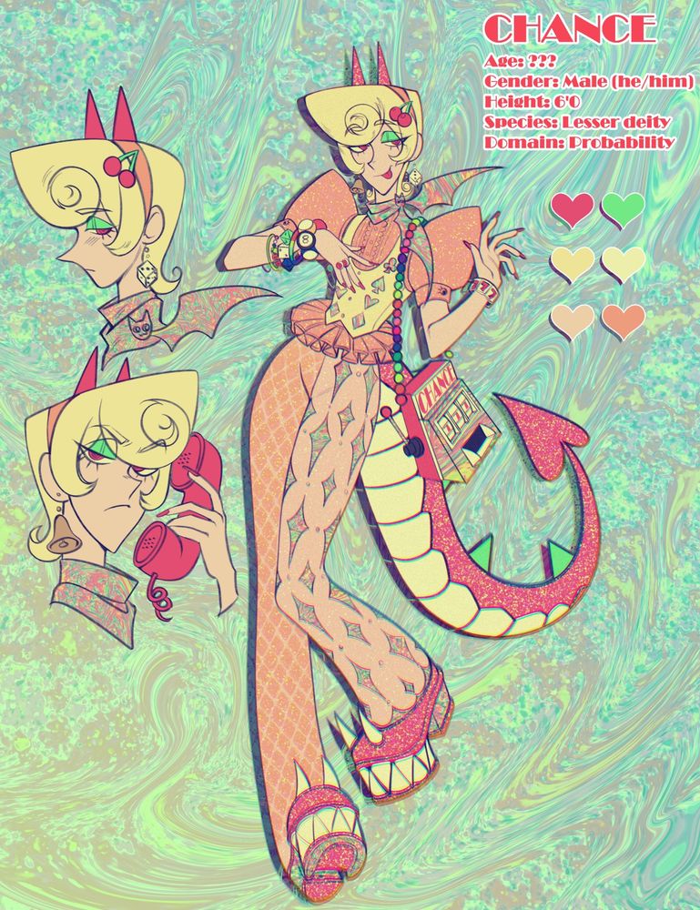 Character reference image of a brightly colored character with 'devilish' features in a bit more of a surreal/toony style.  The Text on the image reads: Chance, Age: ??? , Gender: Male (he/him), Height: 6'0, Lesser deity, Probability domain