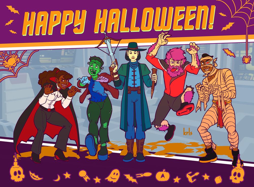 Illustration of Mariner, Tendi, T'Lyn, Boimler and Rutherford dressed up as Dracula, Frankenstein's monster, Van Helsing, Wolfman and the Mummy respectively, all characters from star trek lower decks. There is a big "Happy Halloween" on top with some thematically details around the image.